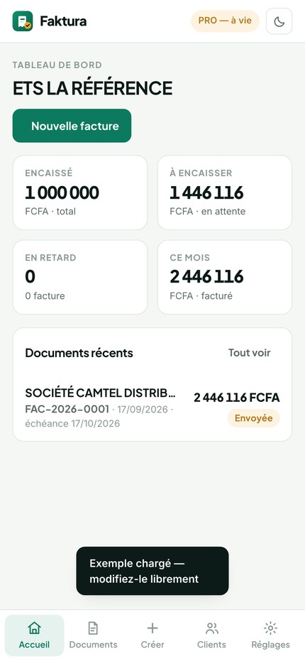 Tableau de bord sur téléphone : encaissé, à encaisser, factures en retard.